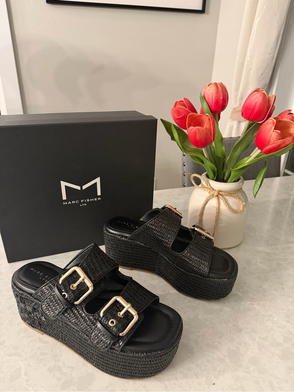 Marc Fisher 🖤 “Poppy” Woven Platform Slide Sandals with Gold Buckles